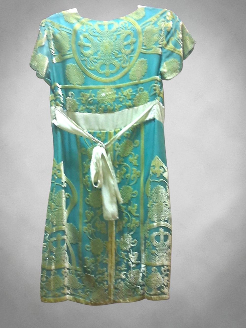 Hale Bob Silk Teal & Gold Velvet Burnout Dress - Picture 2 of 6